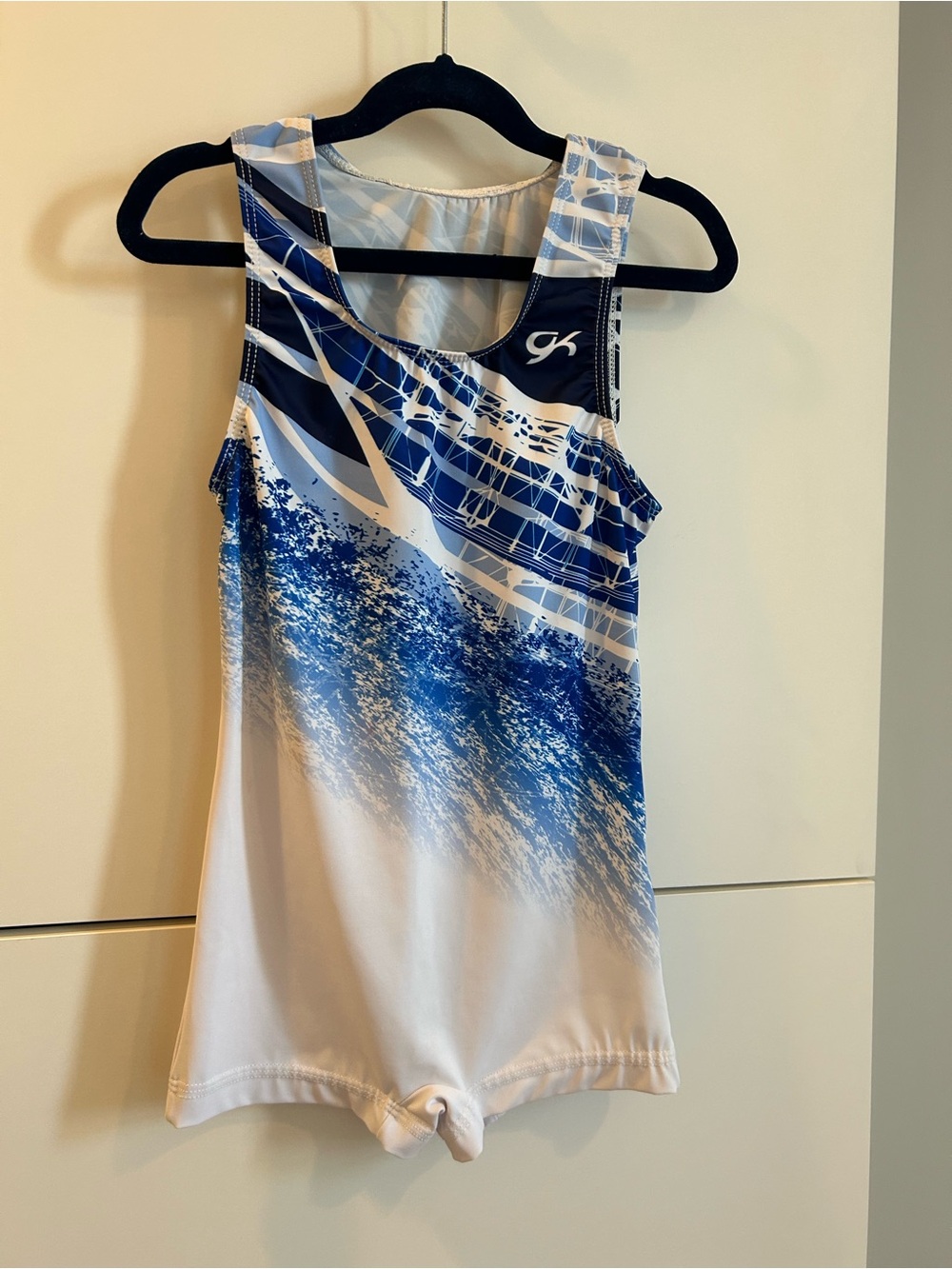 GK Blue & White Printed Gymnastics Leotard / Biketard - Size Adult XSmall